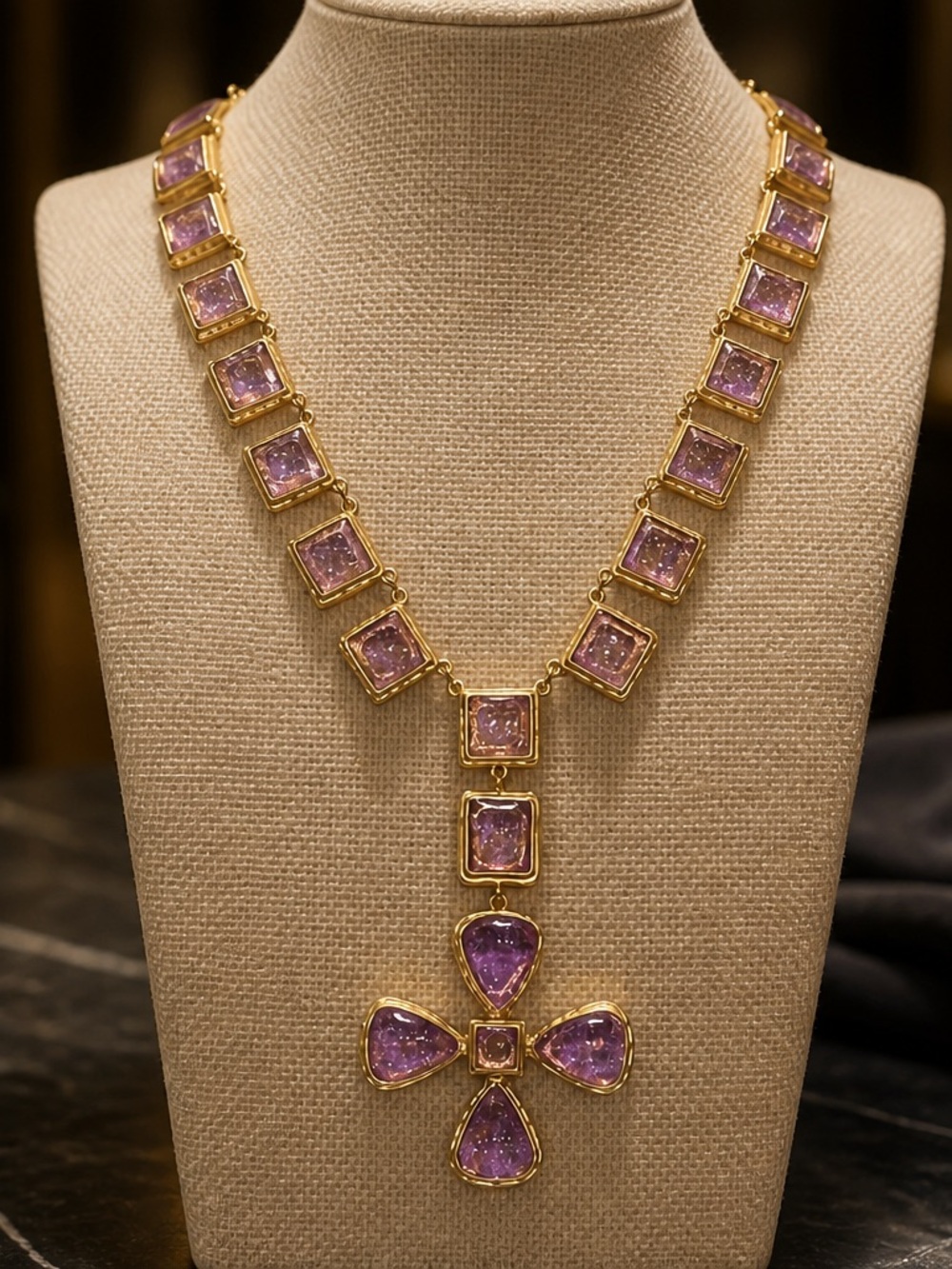 Gold-Tone Necklace with Purple Gem Cross Pendant